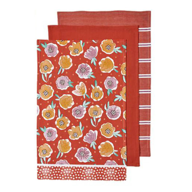 Villa Floral Kitchen Towel Set of 3 Red