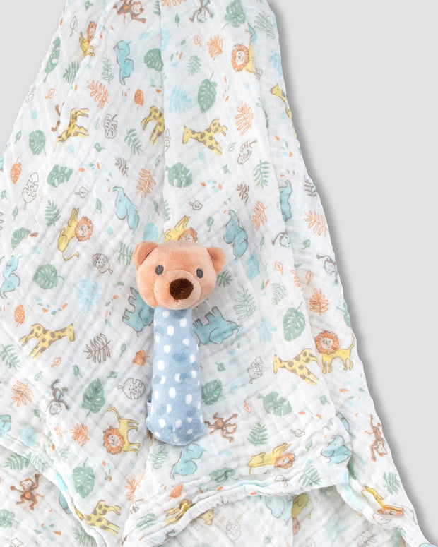 Little Linen Co Muslin Wrap & Crinkle Toy - Safari Bear
